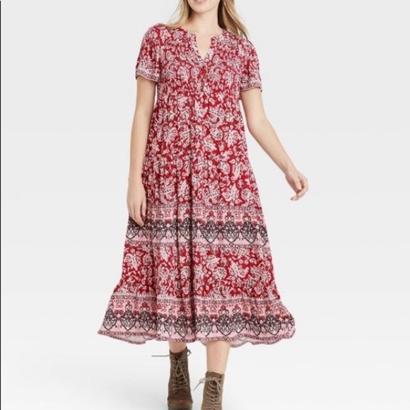 Knox Rose Dresses & Skirts - Knox Rose Dress Medium Festival Boho Hippie Red Paisley Rayon Short Sleeve NWT